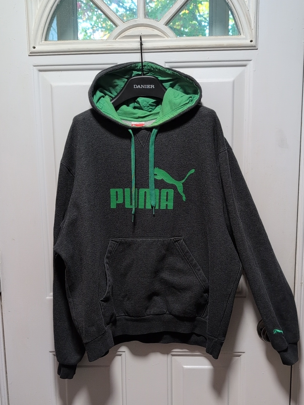 Puma Charcoal Hoodie with Green Logo & Lined Hood